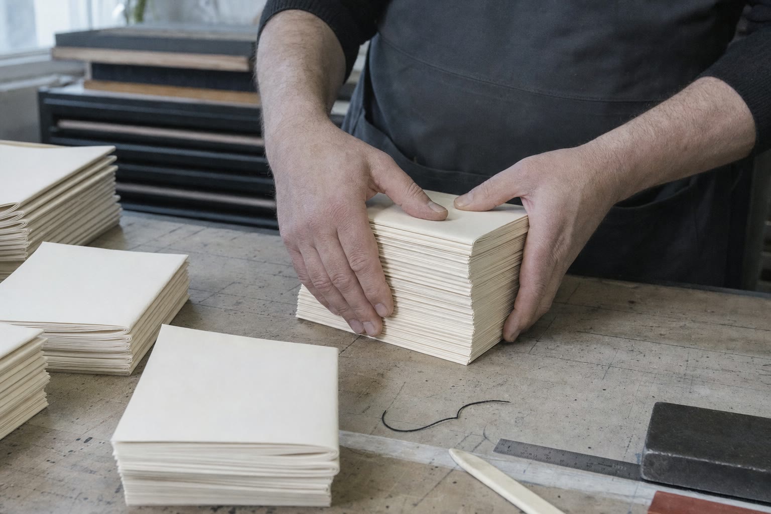 Hands gathering uneven folded signatures into an edition
