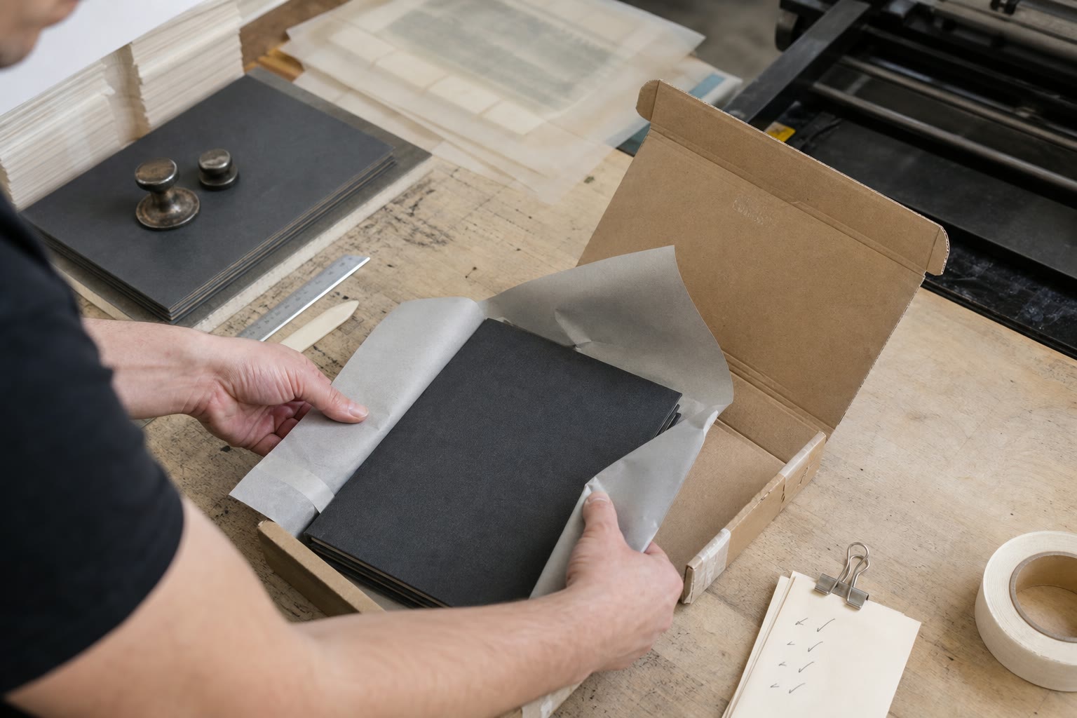 A finished clothbound edition being wrapped in plain board for dispatch