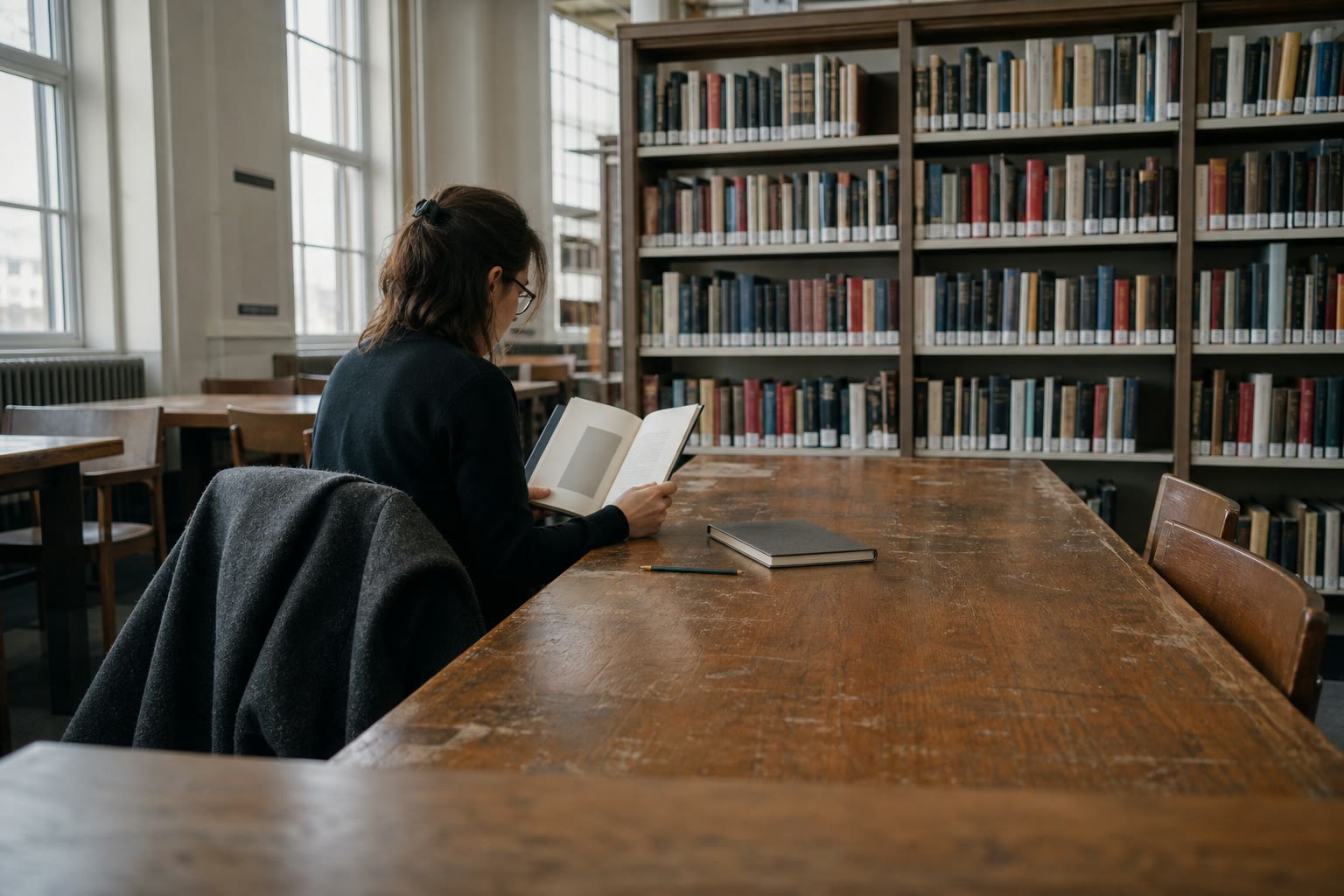 A reader using a MARGIN edition at a library table
