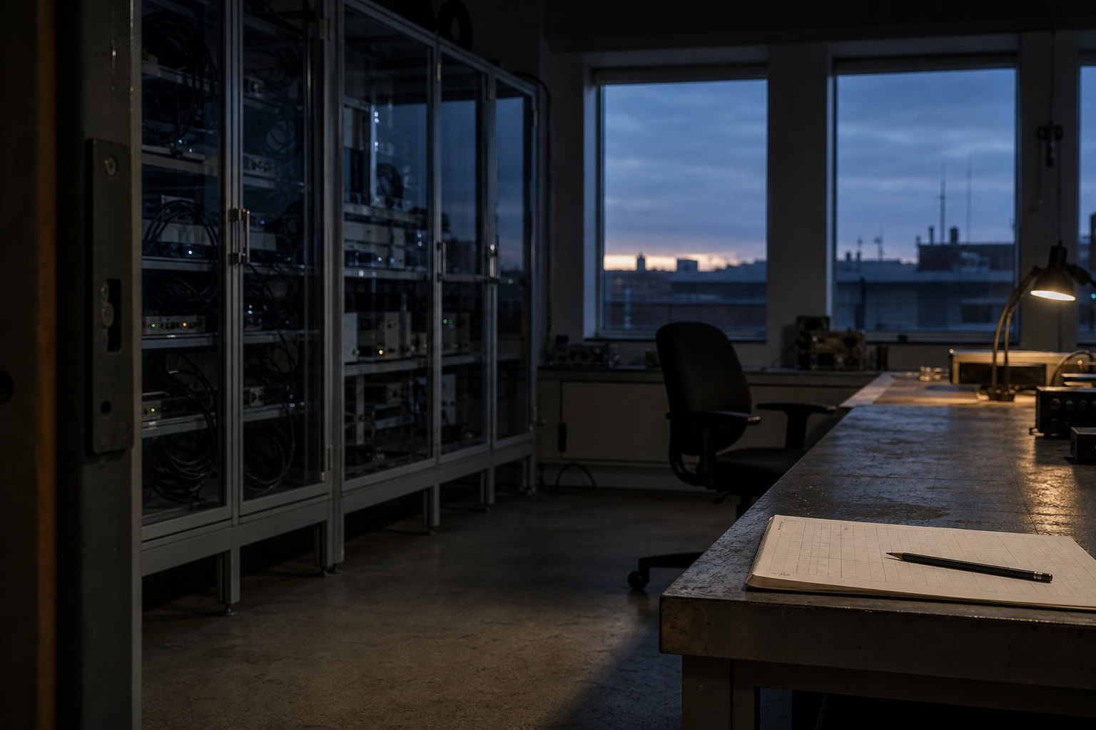 An AI research laboratory at dawn with compute racks, a worn worktable, and one warm task lamp