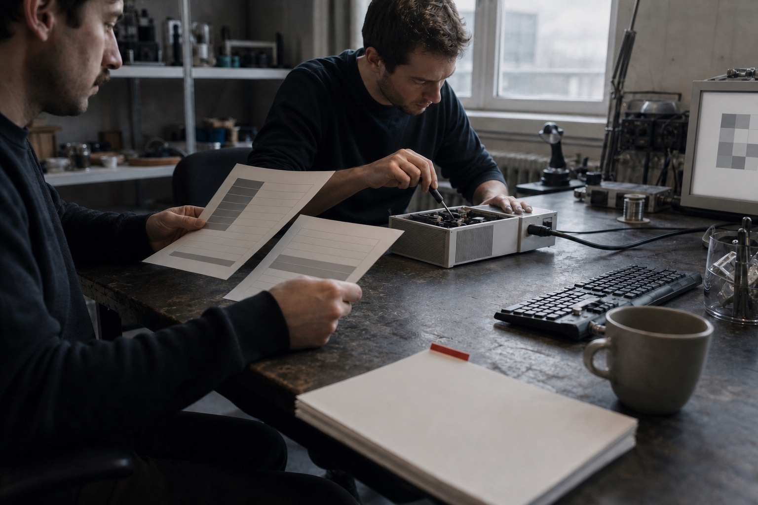 Two researchers comparing printed evaluation sheets while adjusting an aluminum compute module
