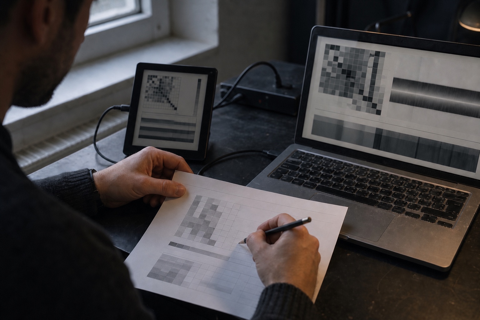 A researcher annotating a grayscale model evaluation beside an e-ink display and worn laptop