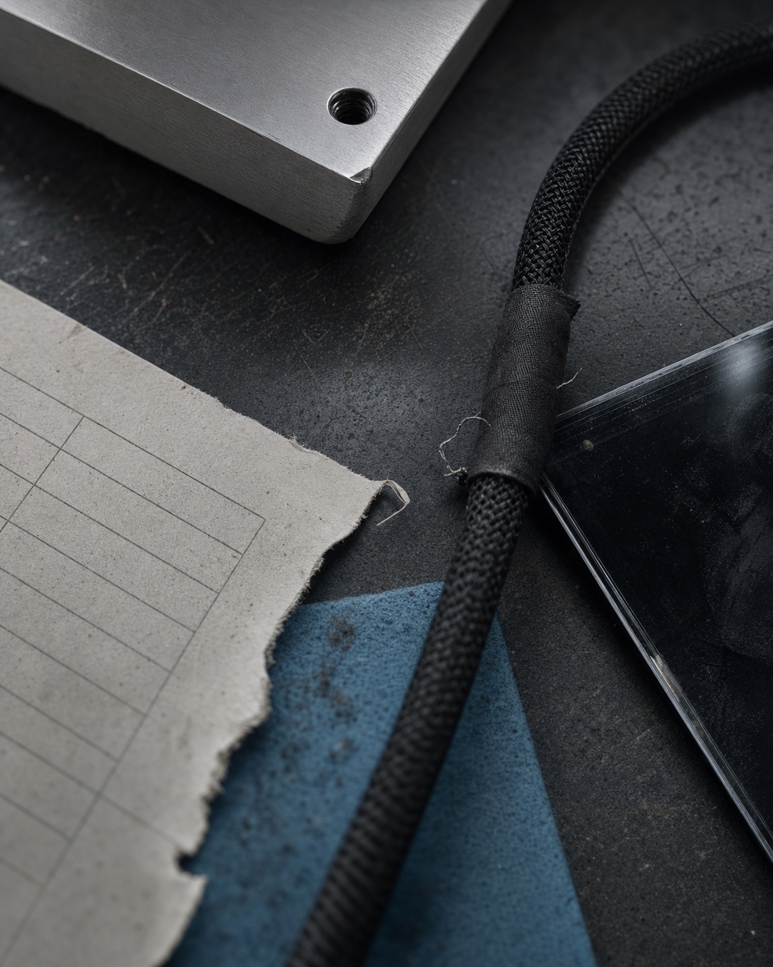 Brushed aluminum, repaired braided cable, torn evaluation paper, dark glass, and blue antistatic cloth