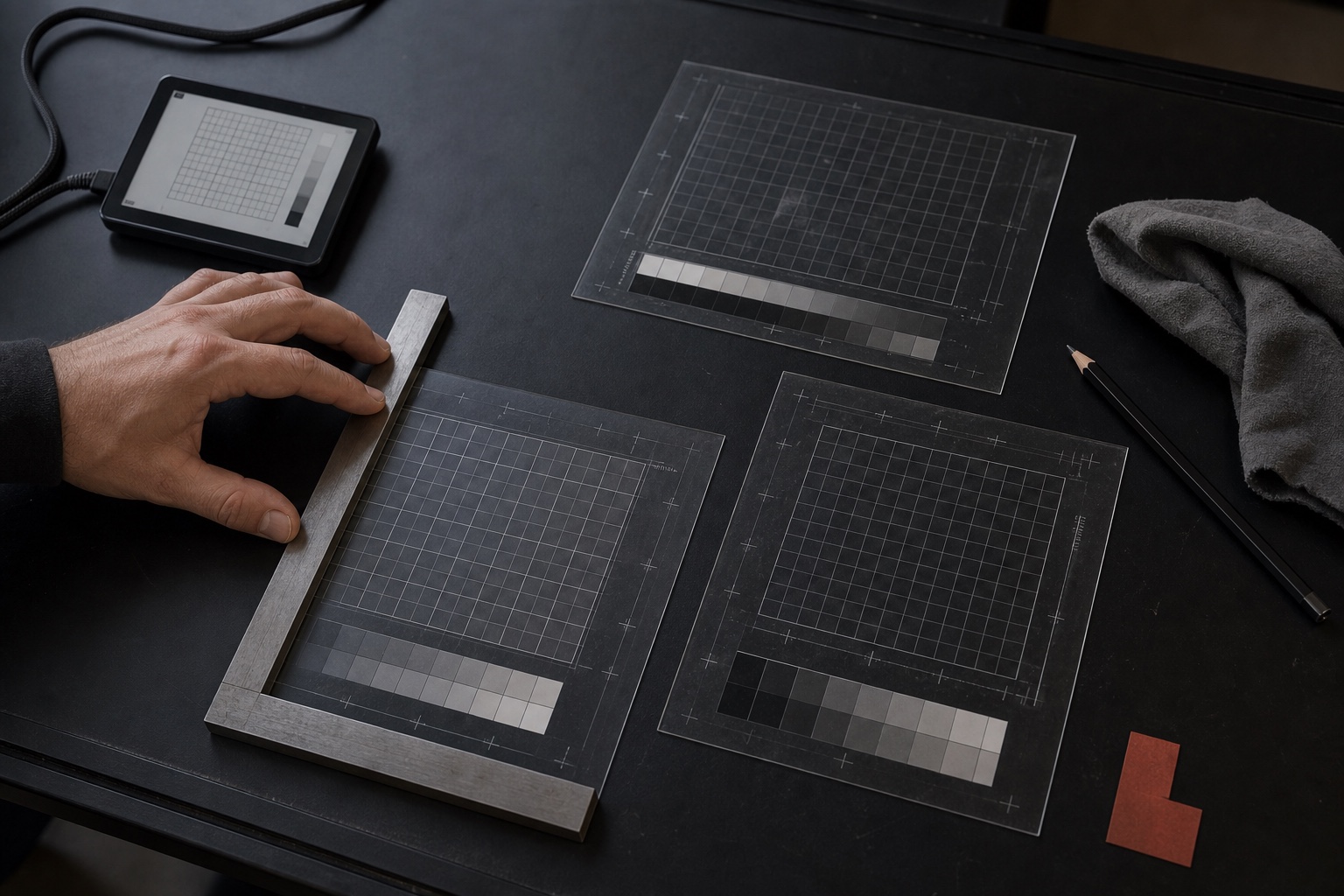 A hand aligning transparent evaluation grids with a steel square beside an e-ink panel