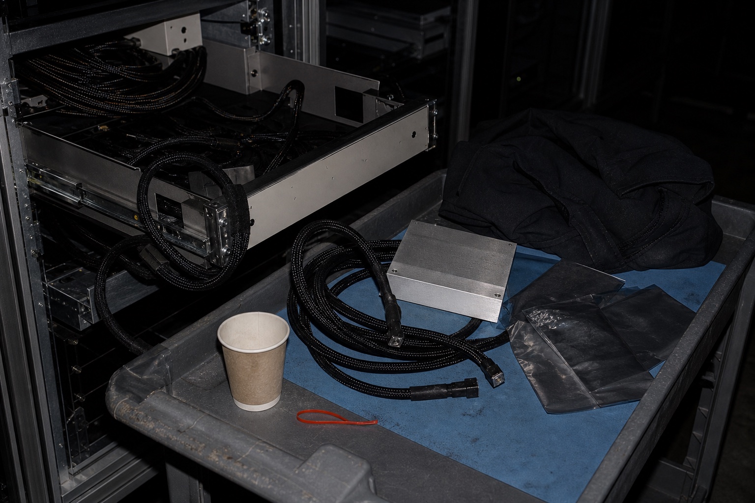 An open compute rack, cables, aluminum module, antistatic mat, and jacket photographed with direct flash