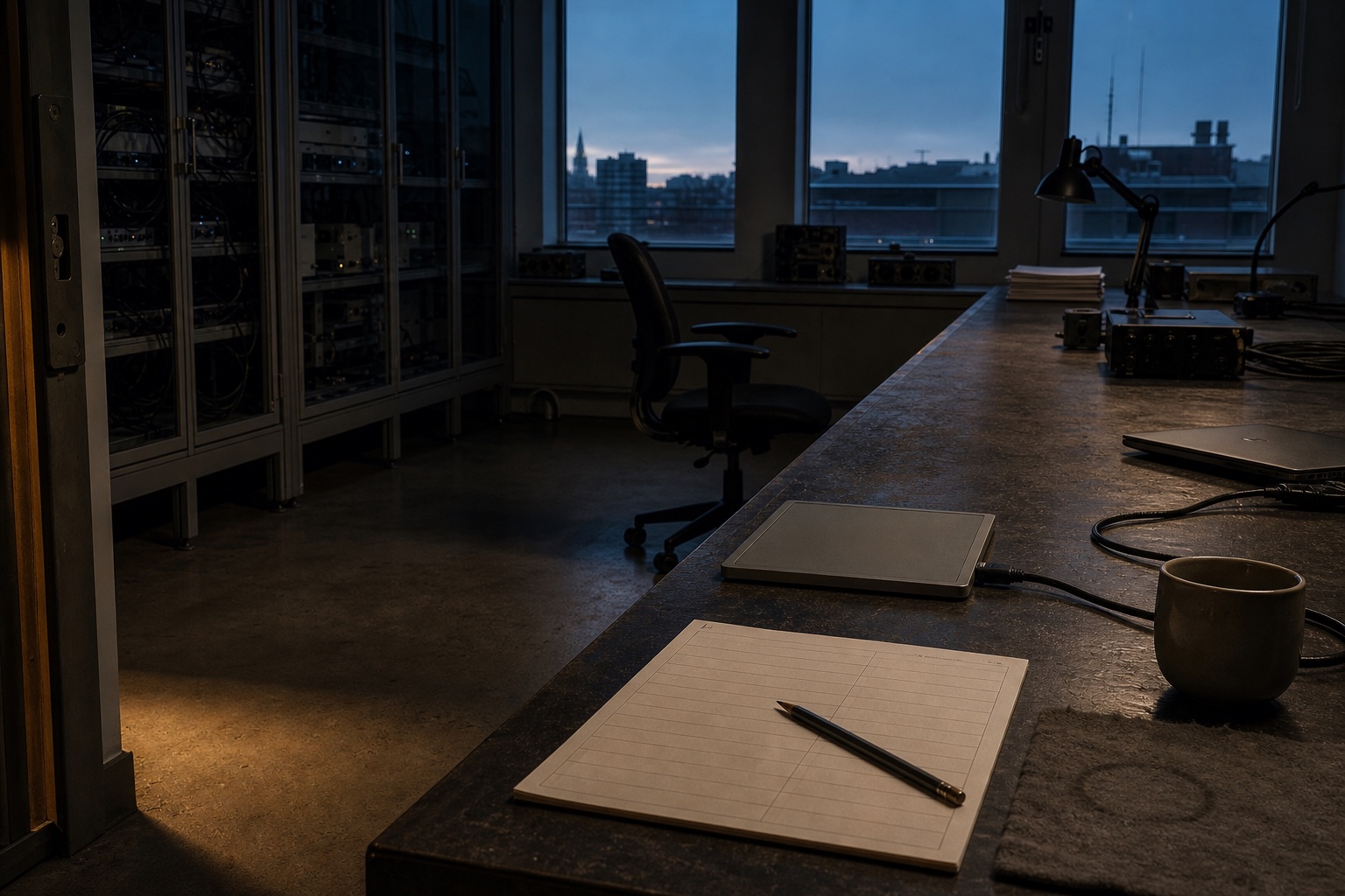 An empty research bench at early morning with a blank evaluation sheet, pencil, cup, and sleeping devices