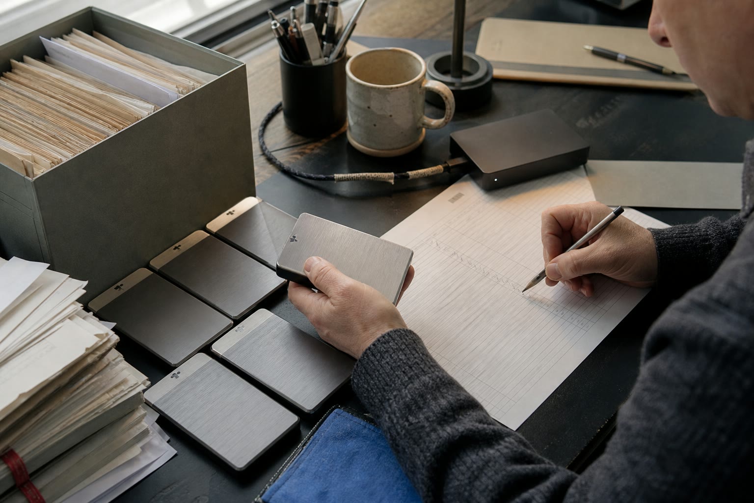 A researcher opening a plain archive box of data carriers beside an intake sheet
