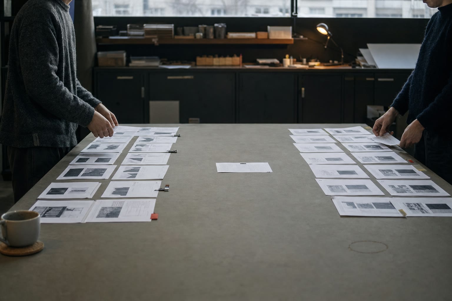 Two researchers comparing grayscale failure examples on paper and a dark display