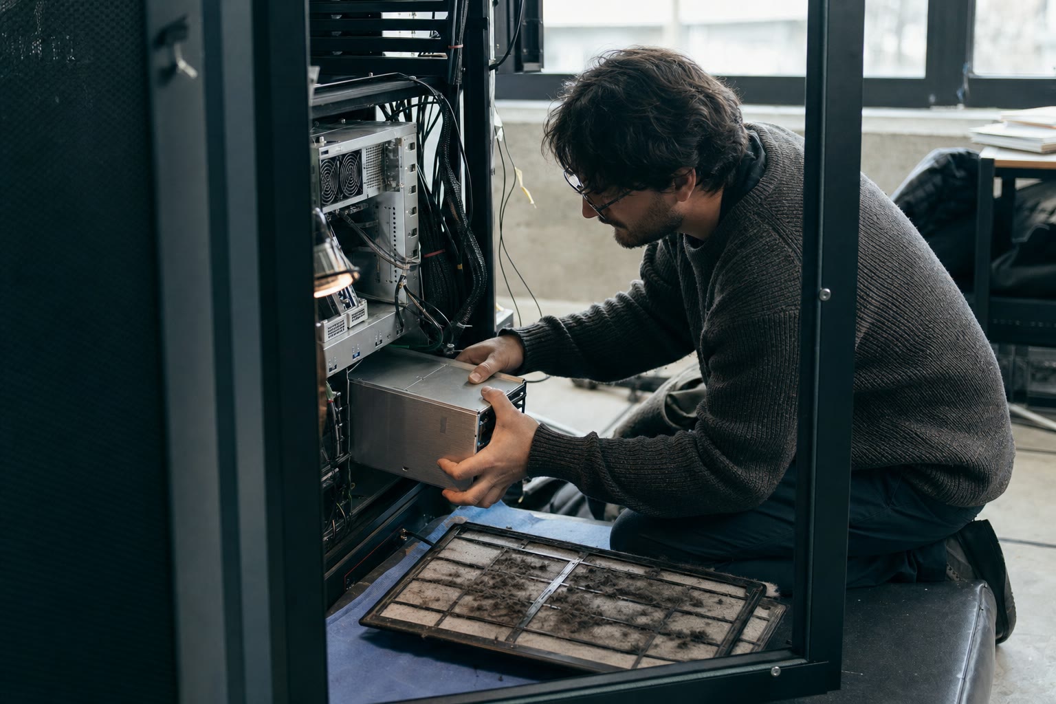 A technician repairing braided cable at an open compute rack