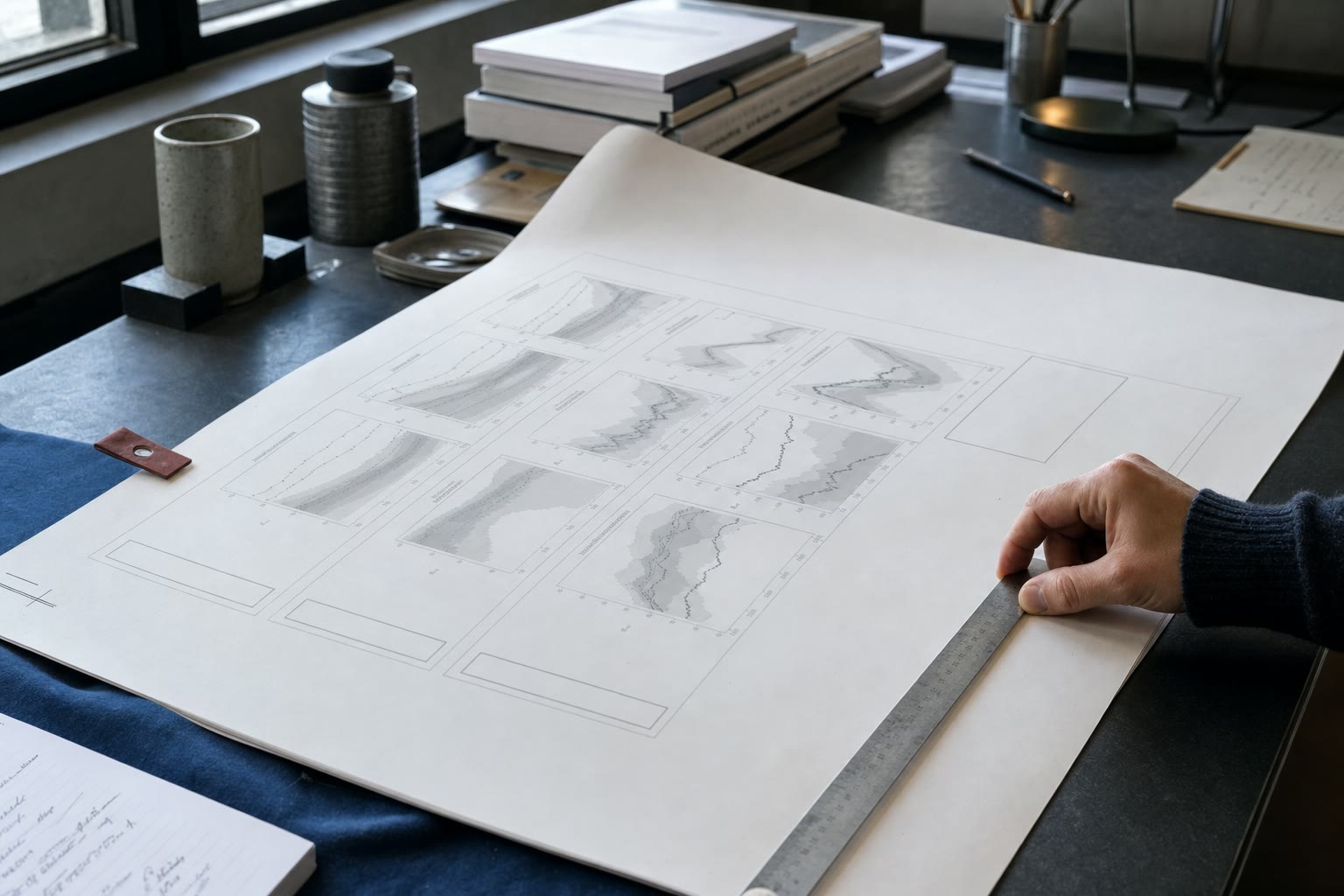 A large grayscale research figure being checked against a steel ruler