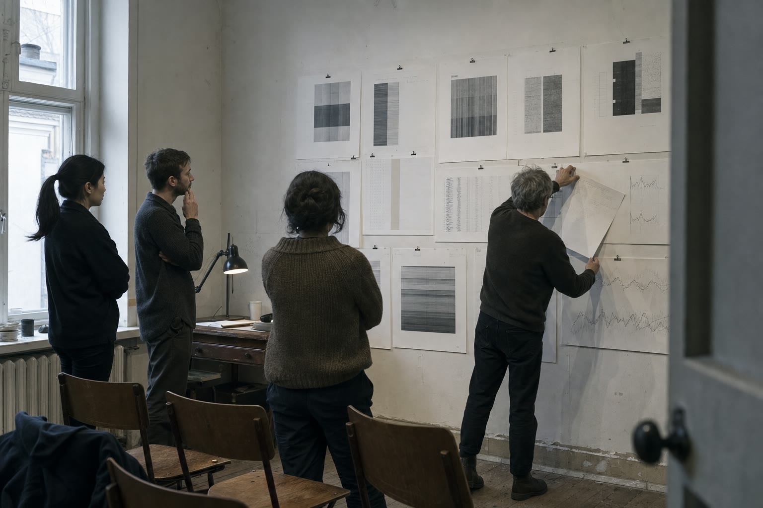 Four researchers reviewing sparse grayscale evaluation sheets on a wall