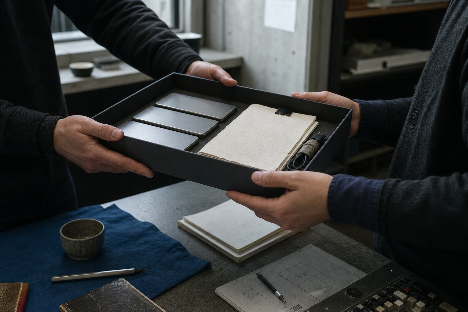 Hands passing a graphite tray holding drives, a dossier, and a repaired cable