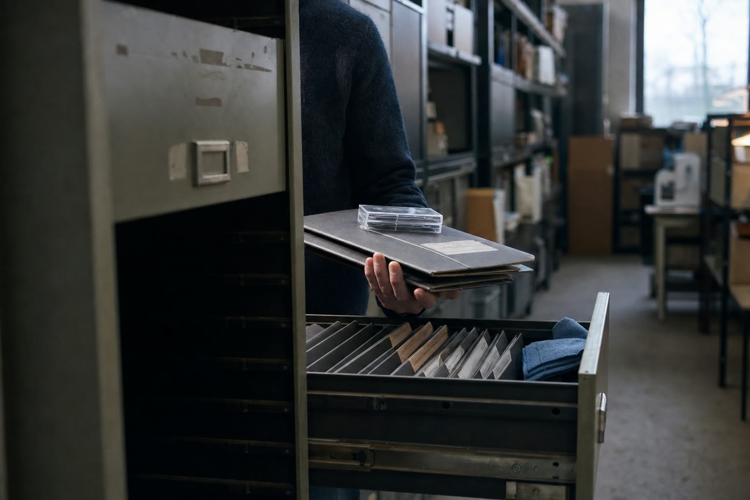 A researcher returning graphite dossiers and drive cases to a steel archive
