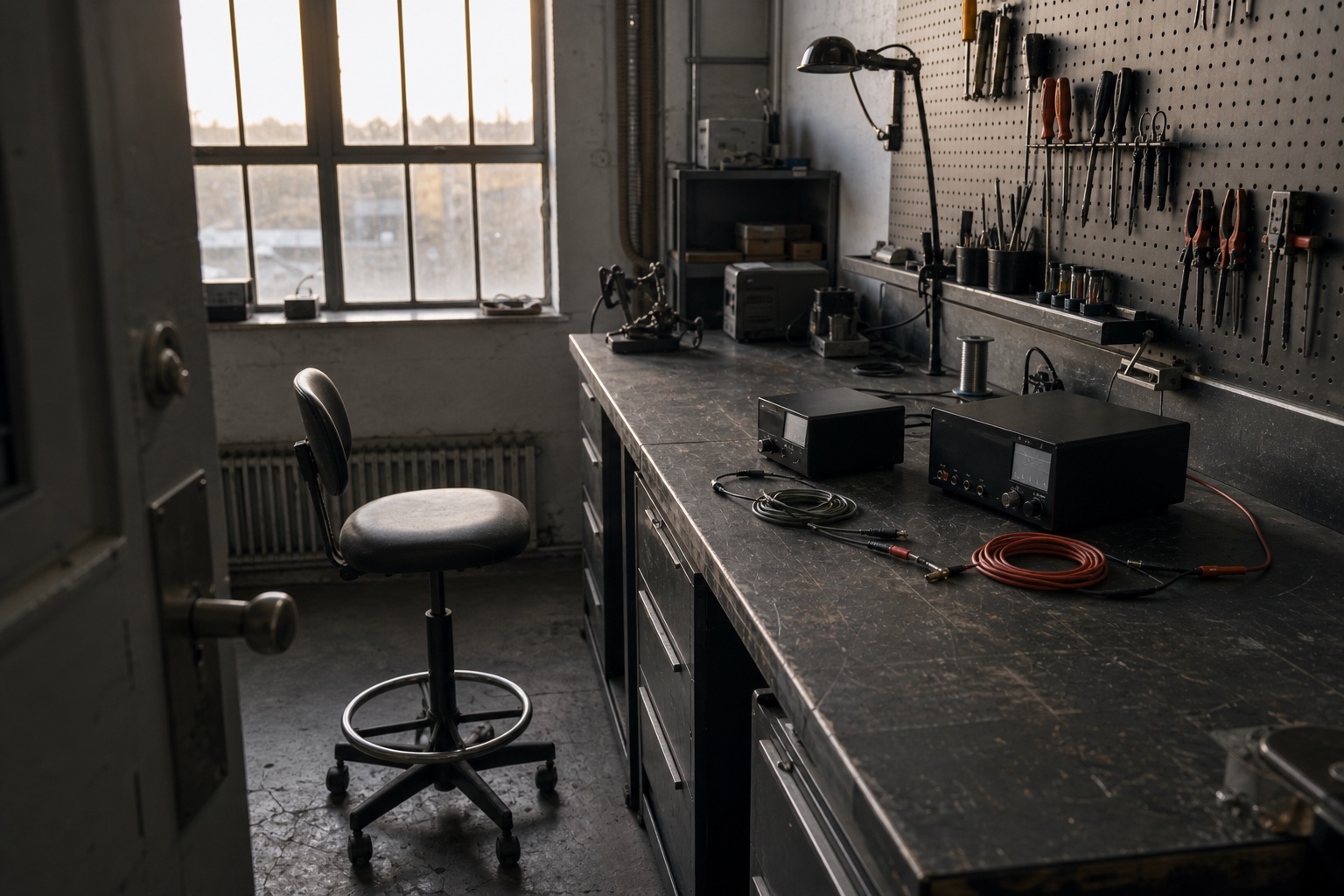 An empty electronic instrument workshop seen through an open door in cool daylight