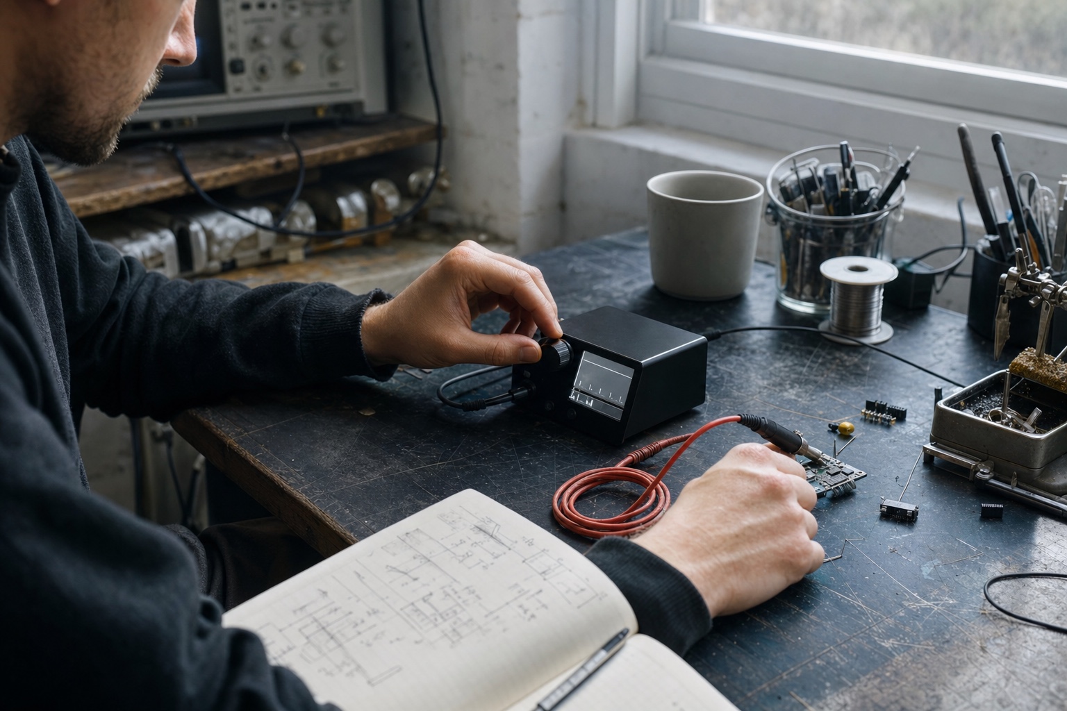An engineer working at a worn electronics bench with a black instrument and red lead