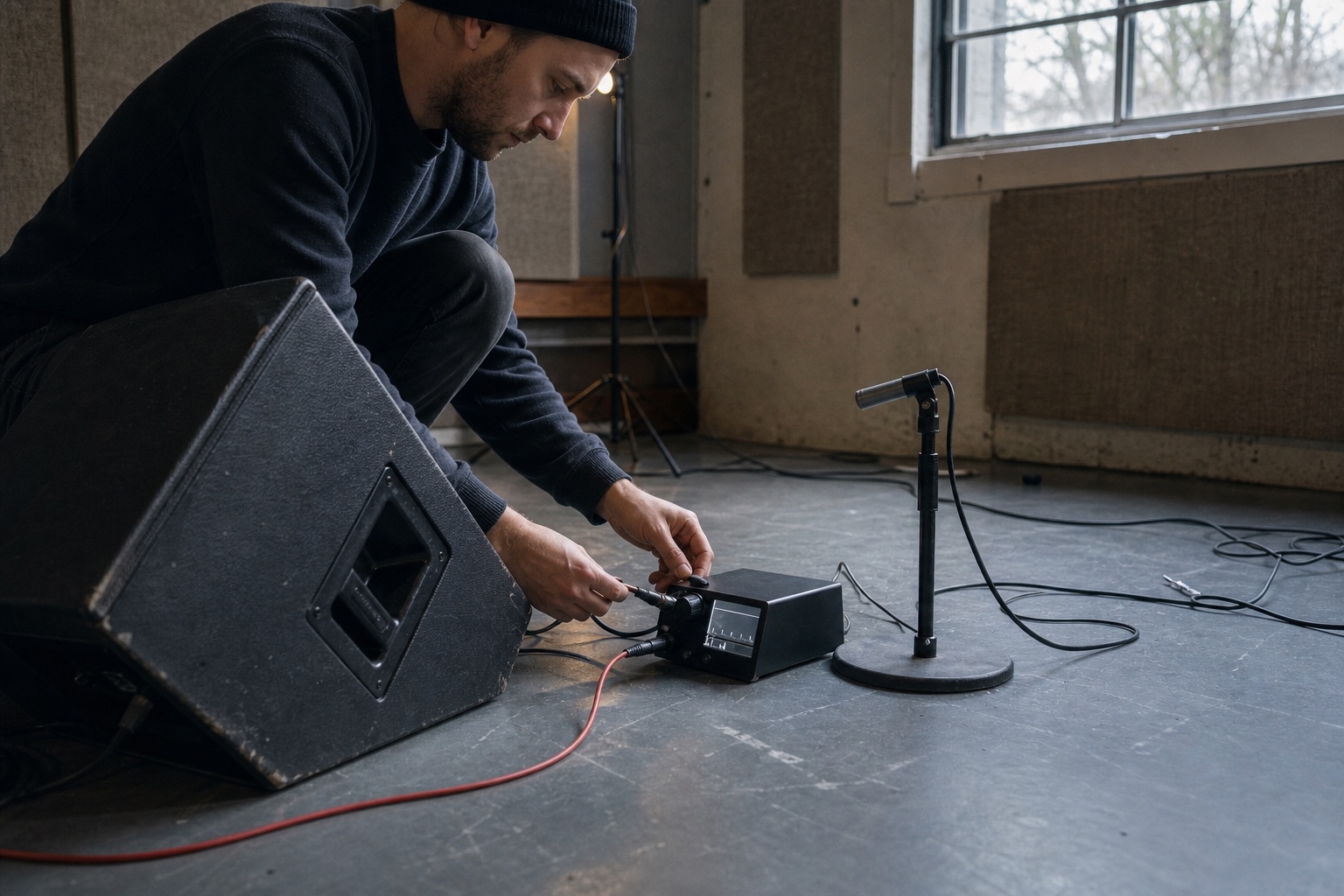 A technician connecting a compact measurement instrument beside a floor monitor in a rehearsal room