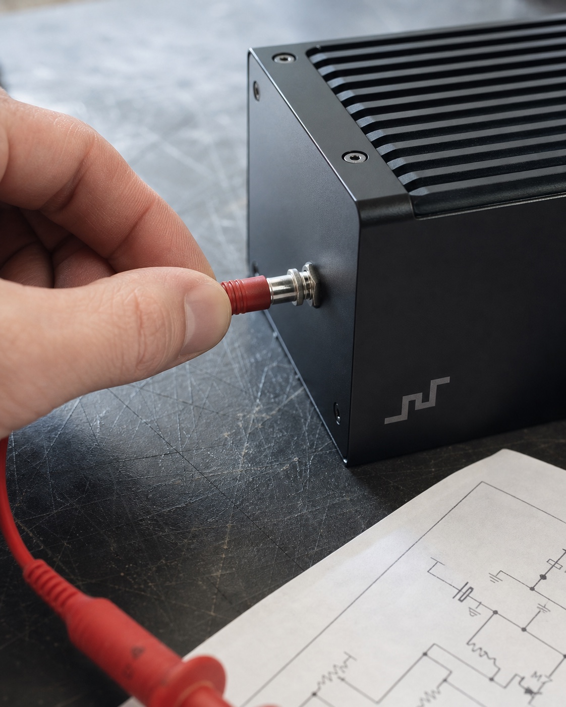 A hand connecting a red lead to a black instrument carrying the TRACE stepped signal mark