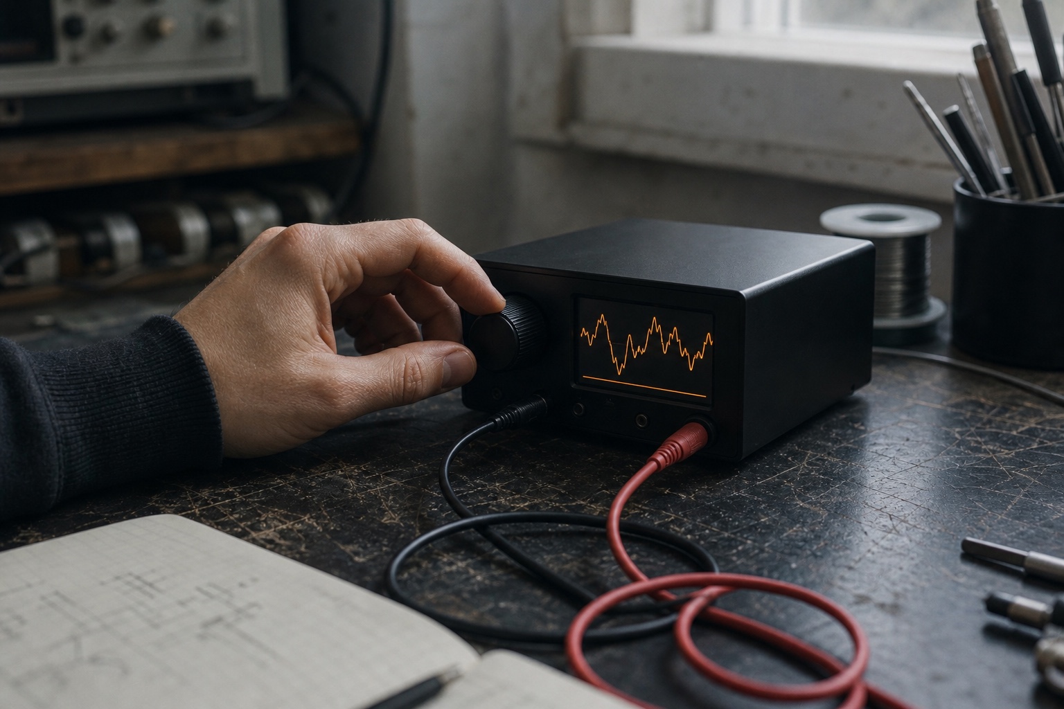A hand tuning a plain black instrument with an amber waveform display