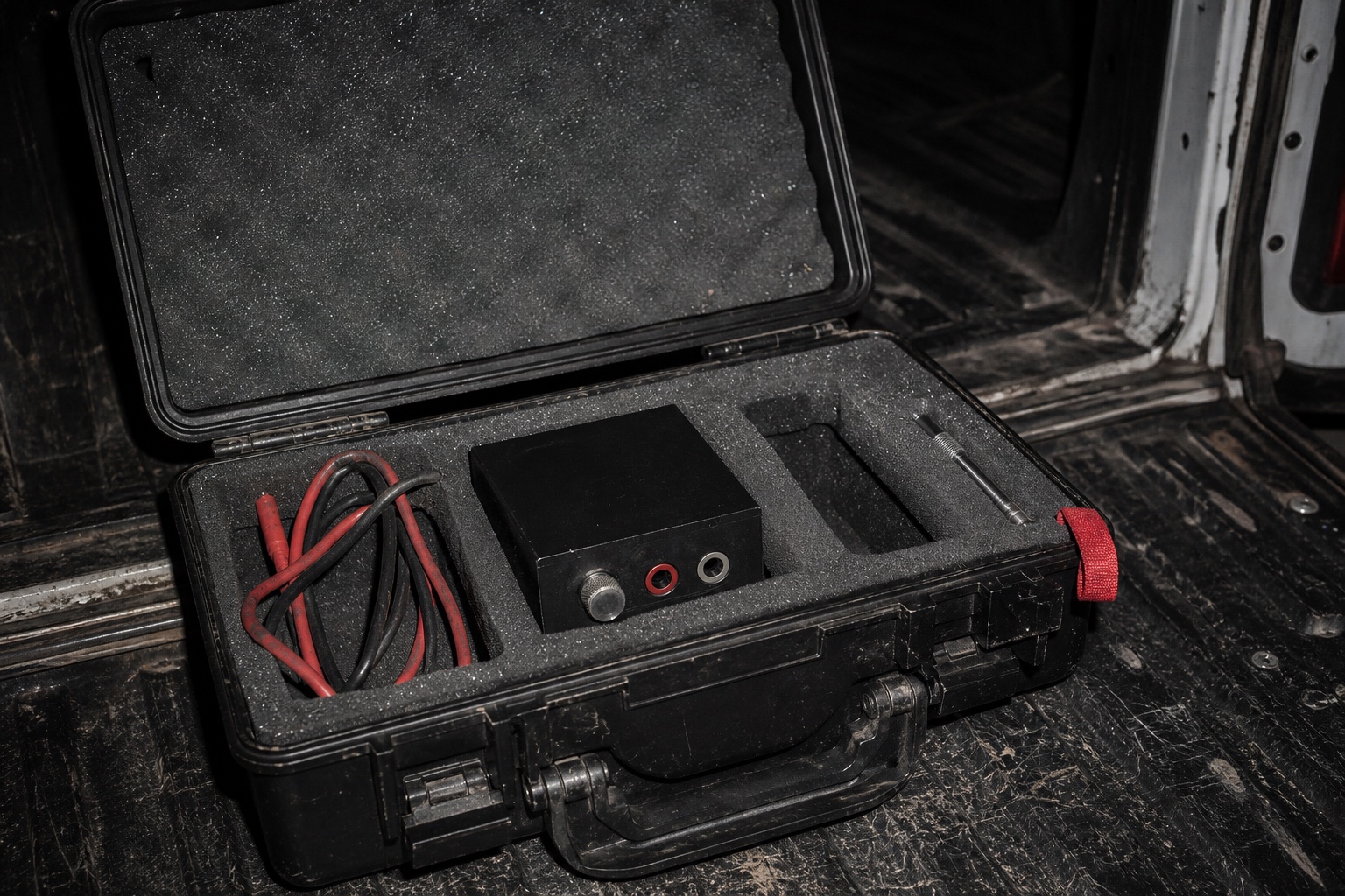 A black instrument and red leads in an open transit case under direct flash