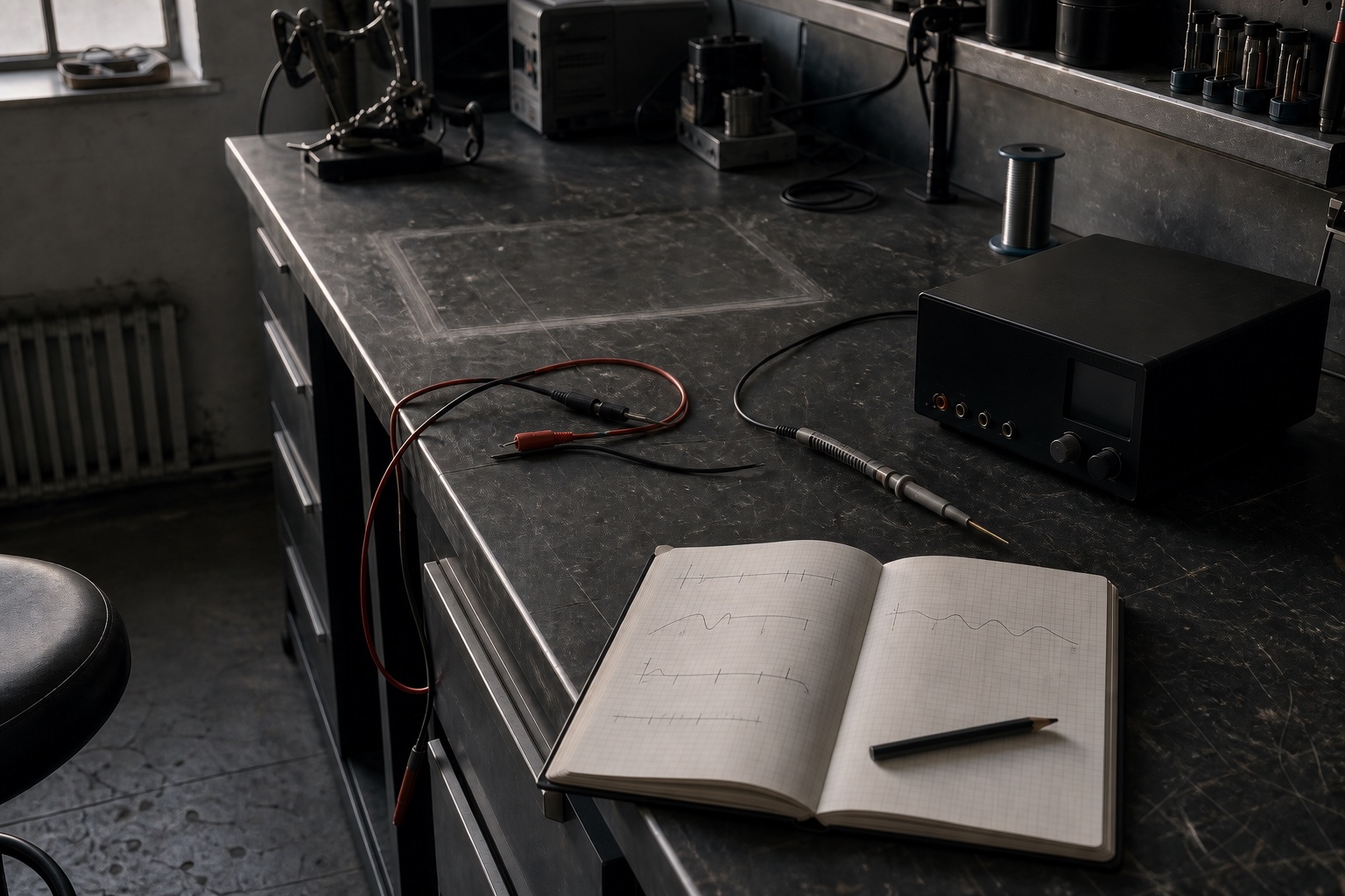 A dark instrument, loose leads, probe, and unlabeled waveform notebook on a workshop bench after testing