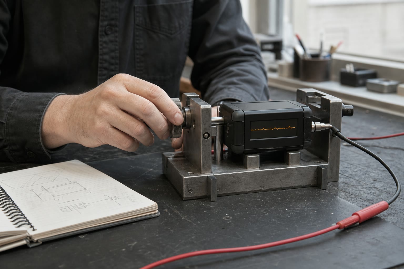 A compact black instrument aligned in a worn steel calibration fixture