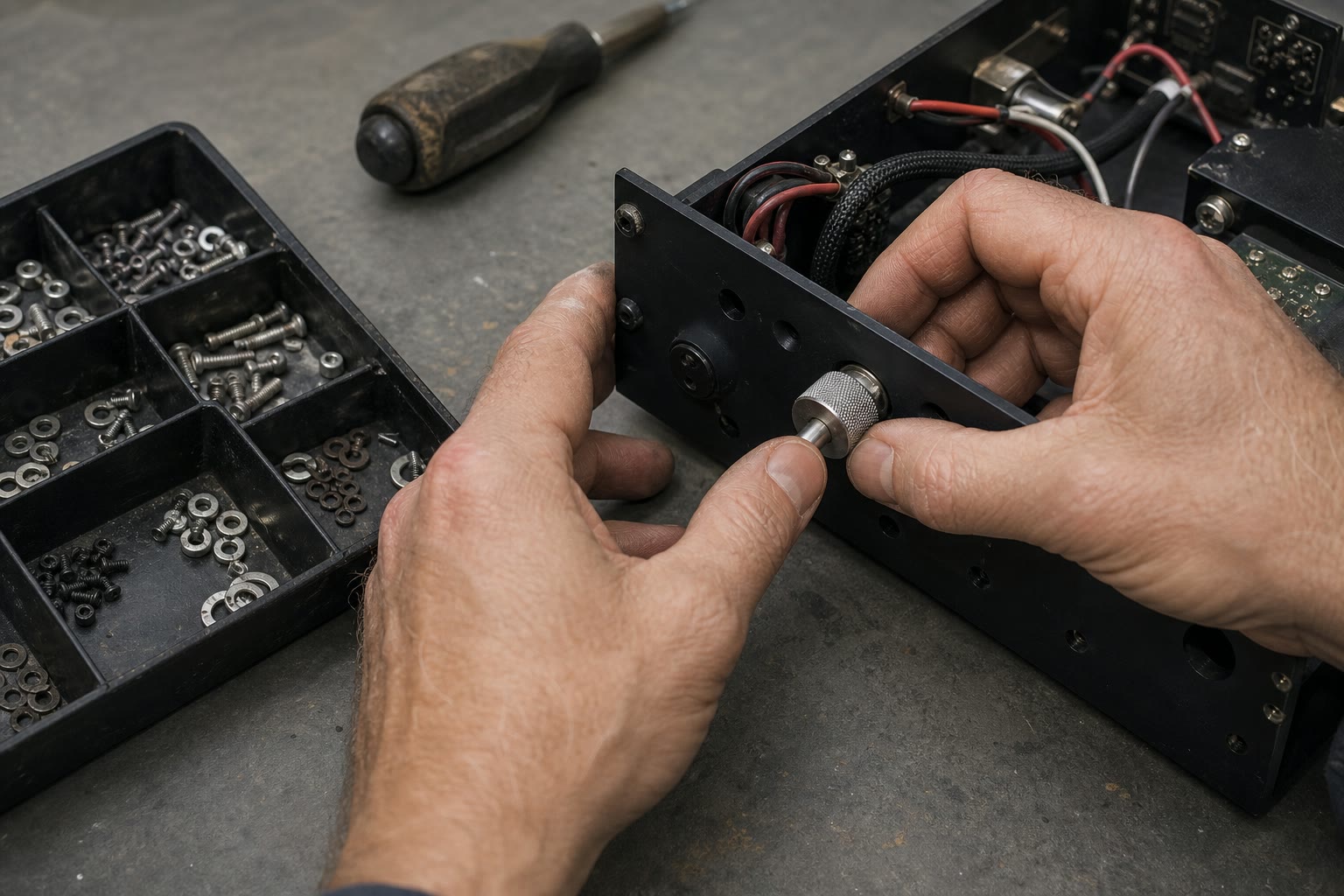 Hands fastening a black instrument enclosure at an electronics bench