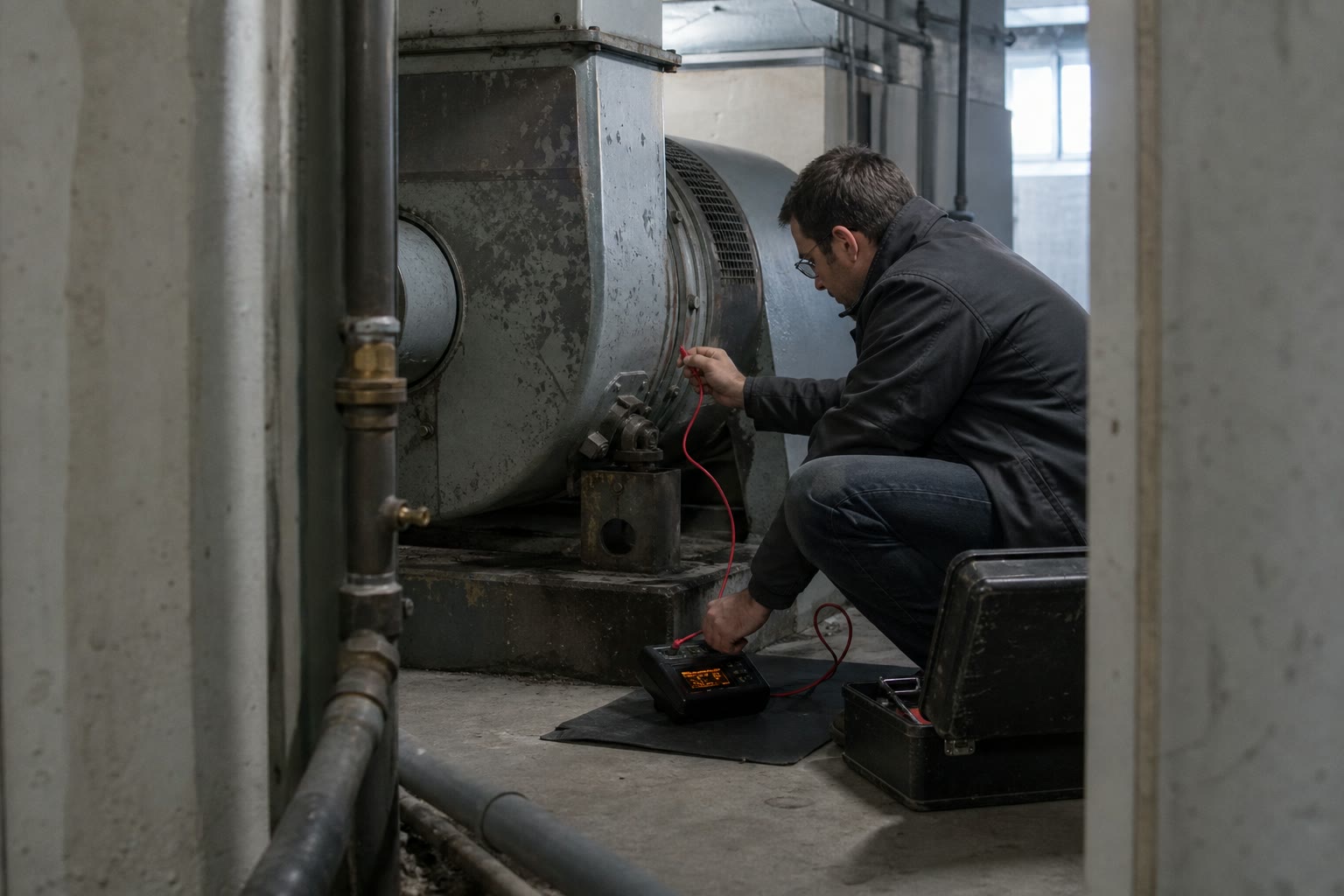 A technician using a compact instrument beside a loudspeaker in an empty hall
