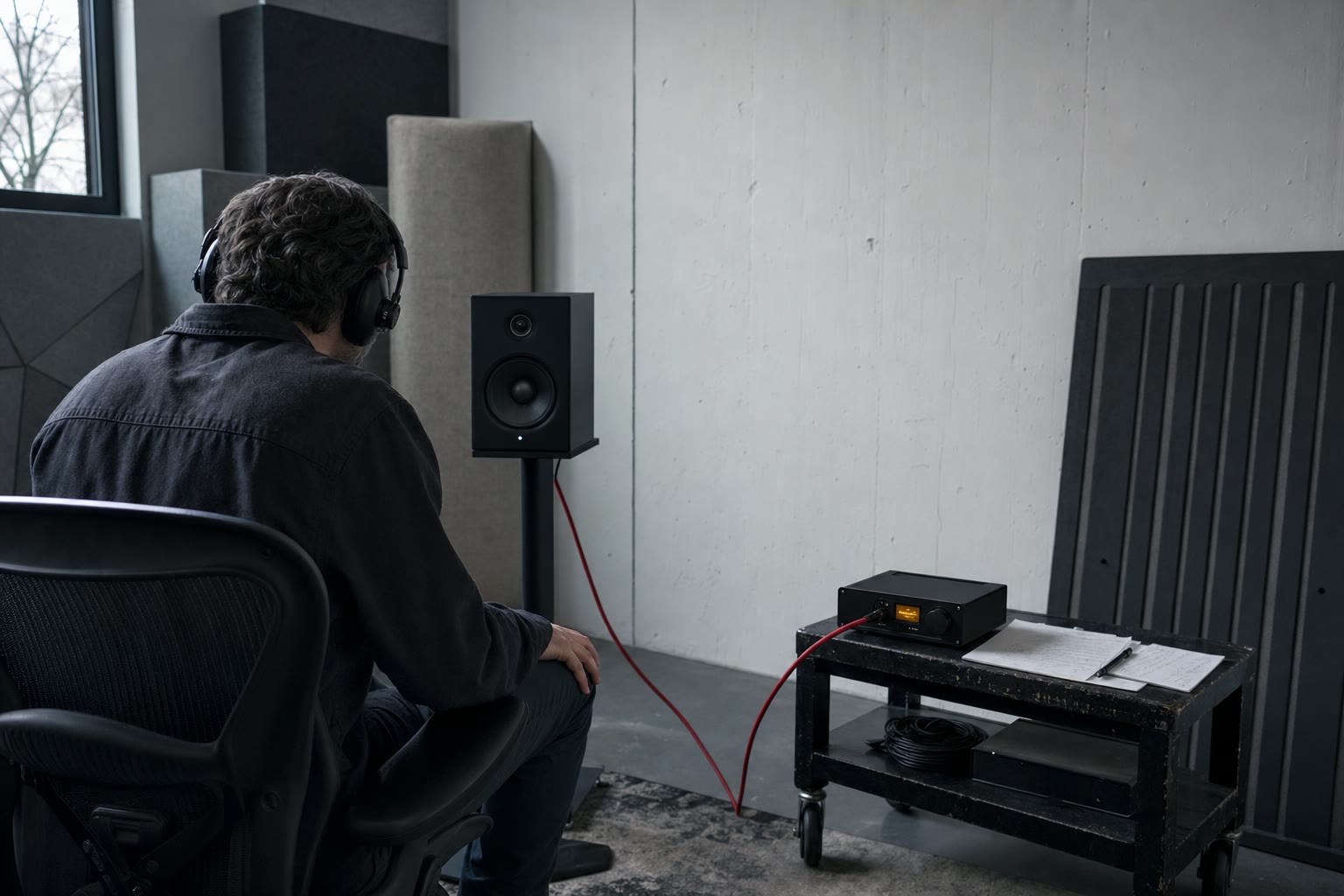 Two engineers listening during an instrument test in a dark room