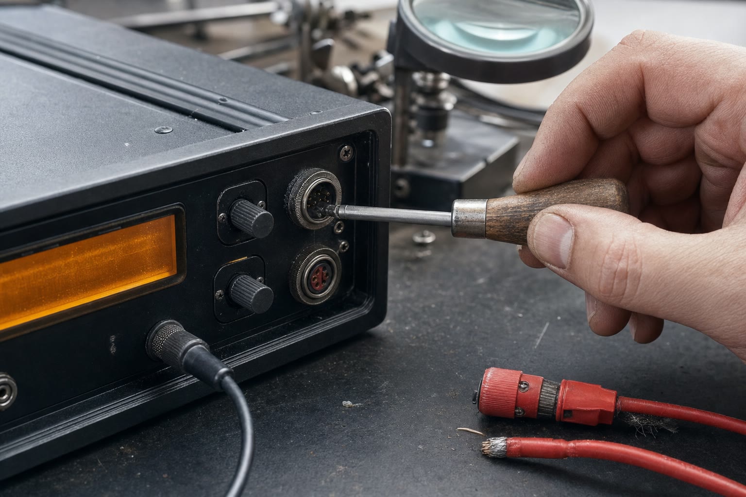 A worn red connector being repaired beside an open black instrument