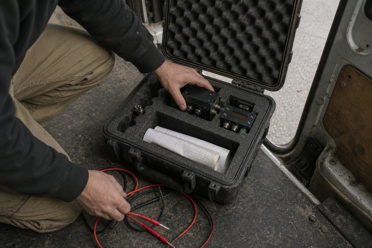 A technician carrying a compact instrument case through a service corridor