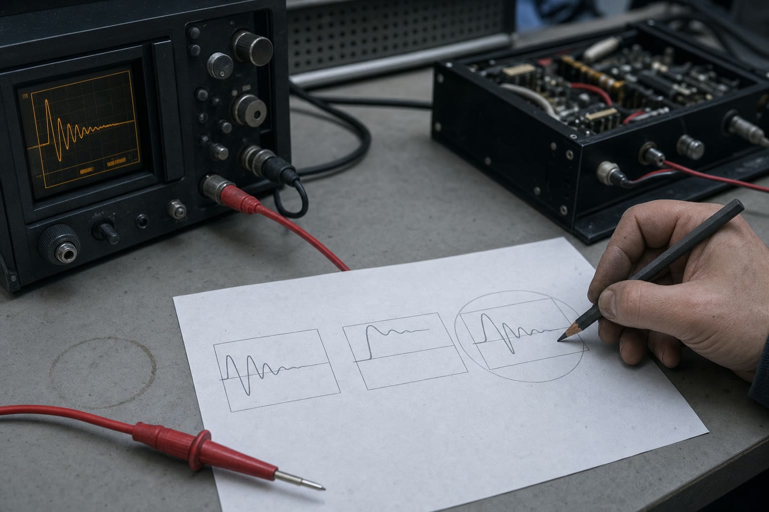 A waveform print, probe, and pencil being arranged after an instrument test