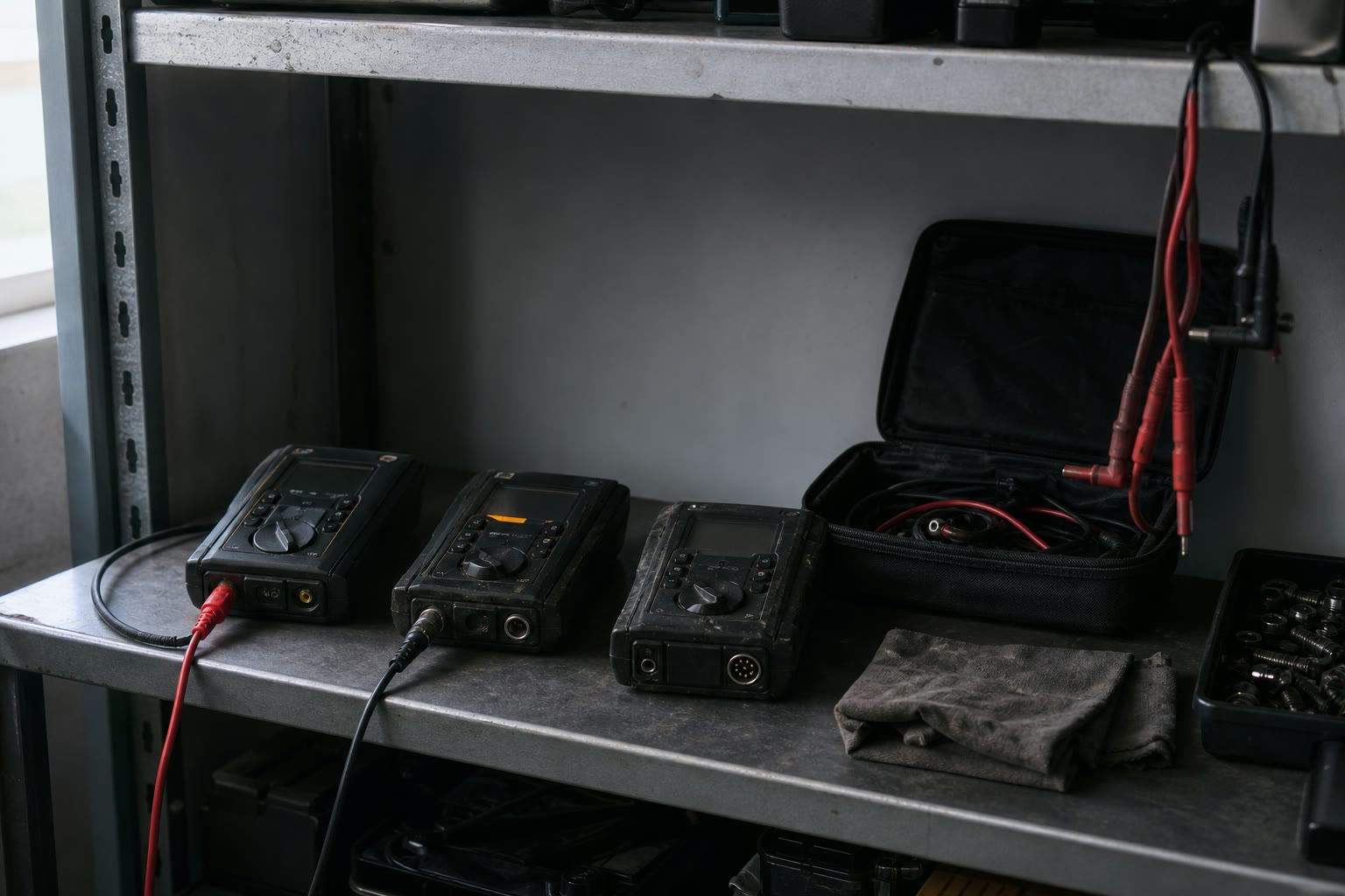 Repaired black measurement instruments waiting on a workshop service shelf